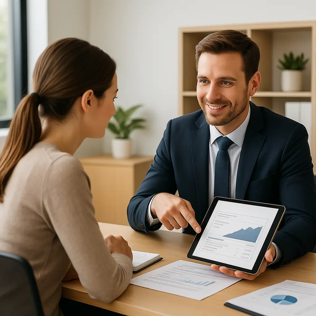 Financial advisor shows personalized plan on tablet to engaged client, discussing types of retirement accounts in a modern office with charts, graphs, and collaborative energy.