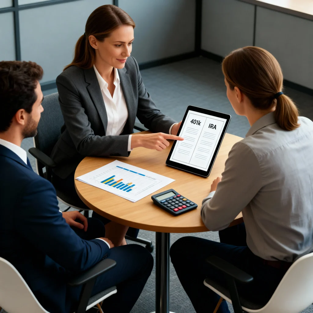 Financial advisor presents types of retirement accounts—401(k) and IRA—on a tablet to two clients during a professional meeting, promoting informed retirement planning decisions.