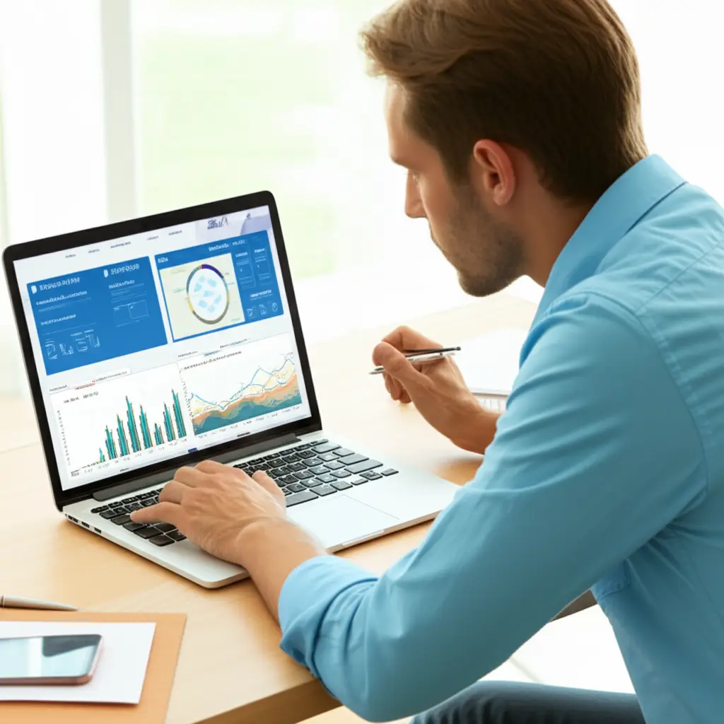 Young man studies financial graphs and data on laptop screen, comparing different types of retirement accounts to plan effectively for long-term savings and growth.