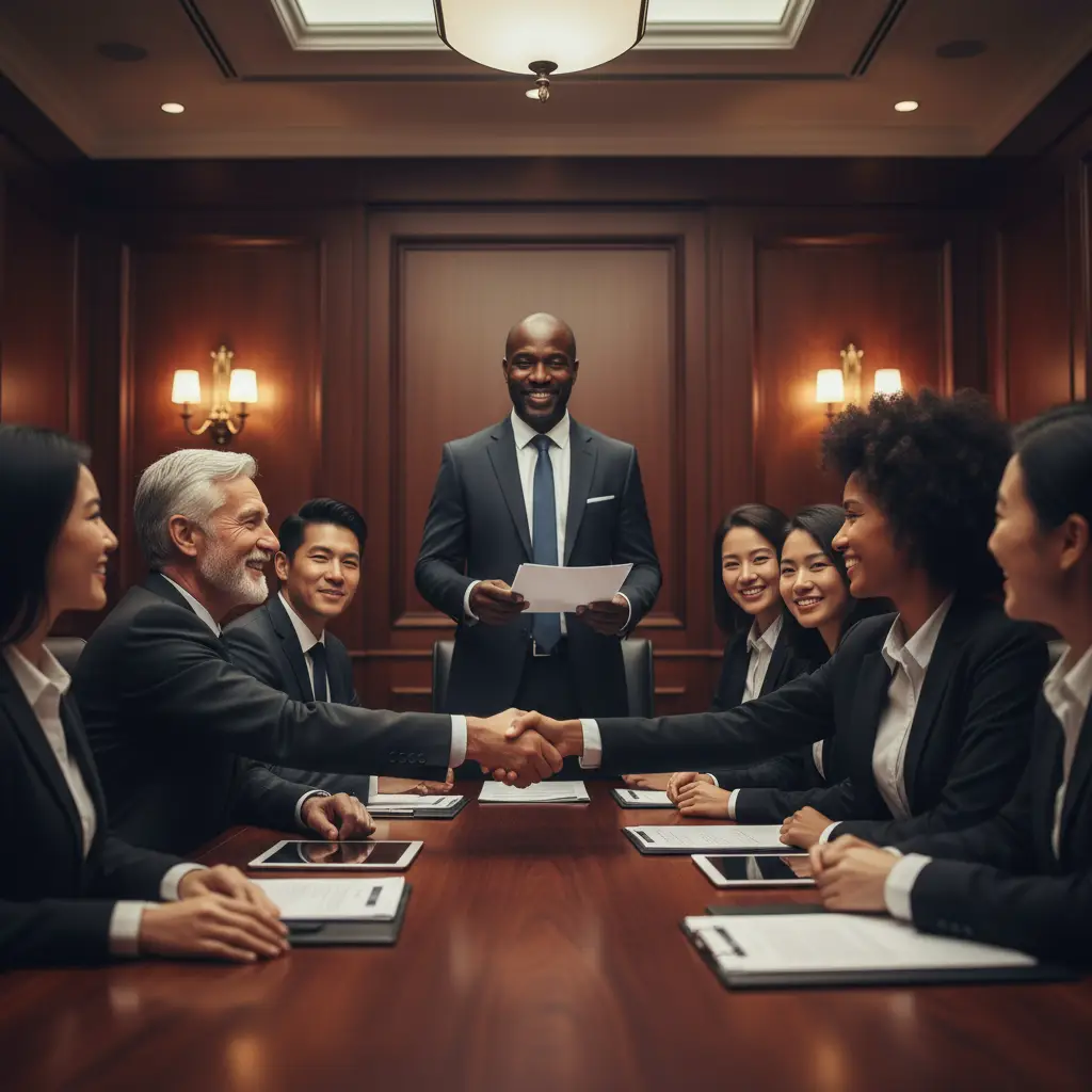Executives in a formal boardroom shaking hands and reviewing documents, symbolizing collaborative decision-making and financial strategy for a balance sheet analysis guide in a corporate setting.