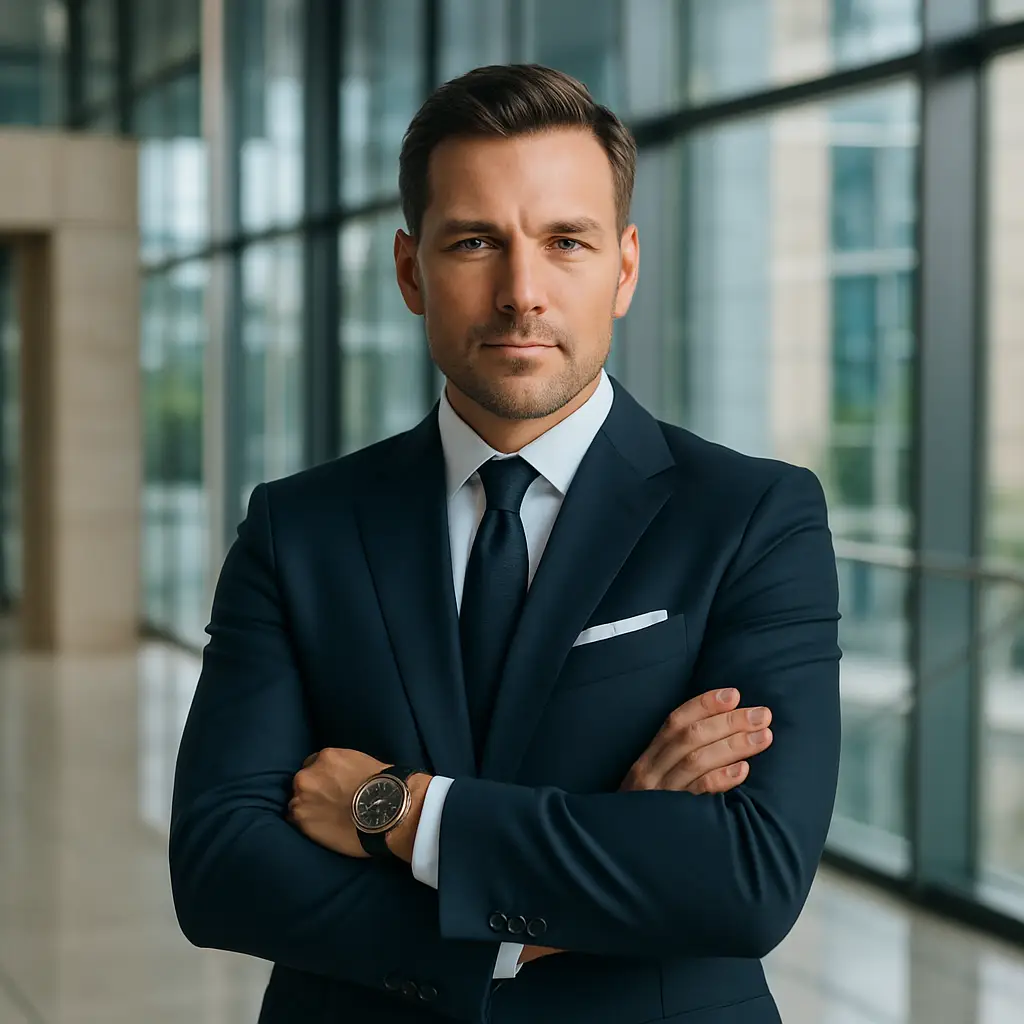 A confident financial executive in a business suit standing with arms crossed, symbolizing leadership and expertise for a balance sheet analysis guide in a corporate environment.