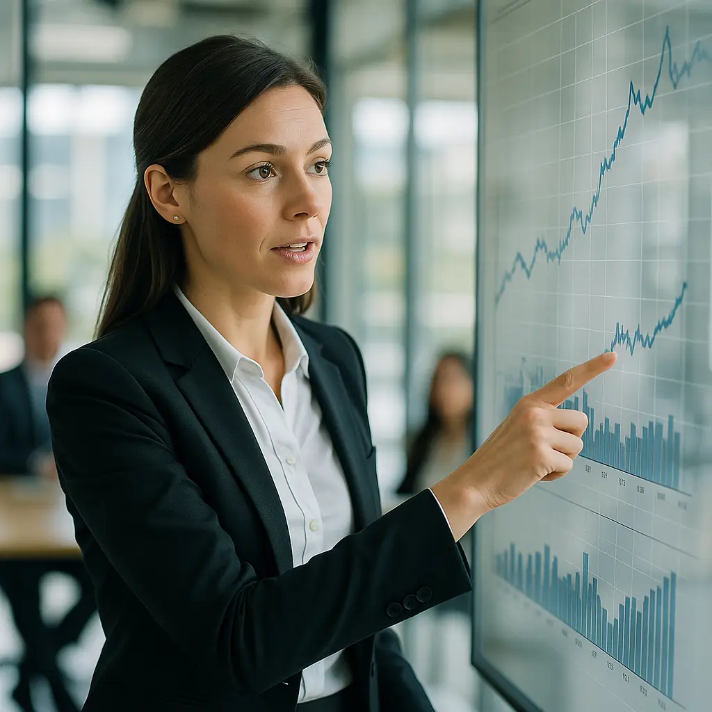 A financial expert presenting rising data charts on a digital screen, illustrating key performance metrics and trends for a balance sheet analysis guide in a corporate setting.