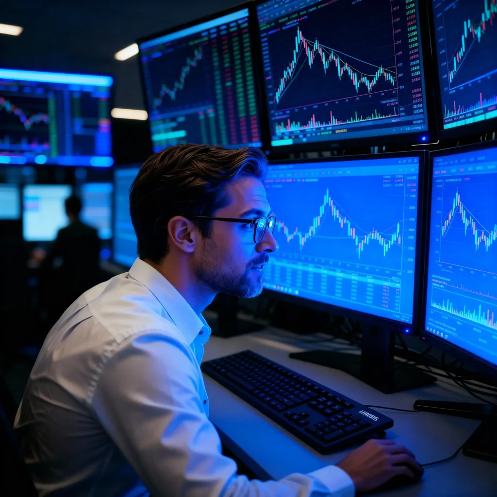 A financial market analyst reviewing multiple trading screens with analytical charts, evaluating financial performance and insights for a balance sheet analysis guide in a professional trading environment.