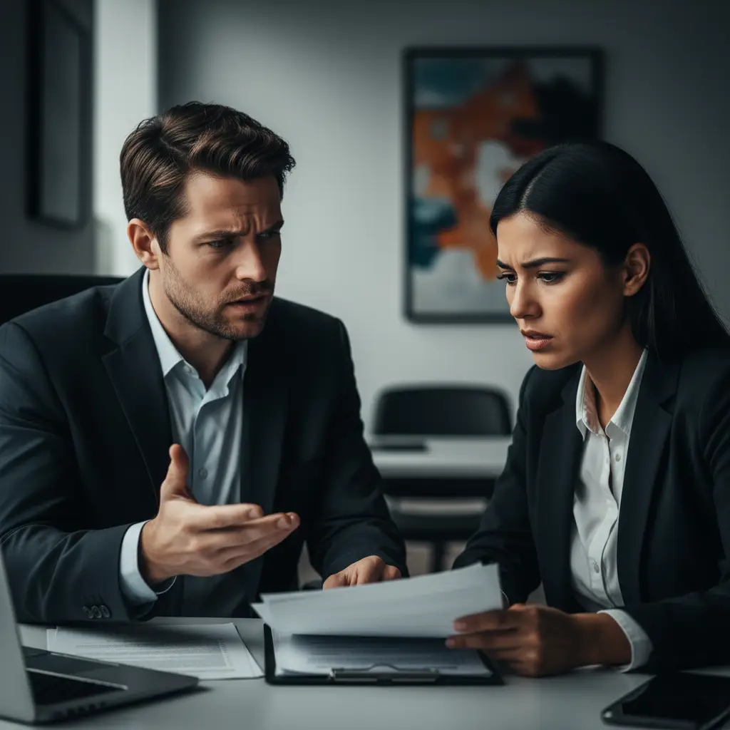 Two financial professionals reviewing documents with serious expressions, analyzing figures and discussing key findings for a balance sheet analysis guide to support accurate decision-making.