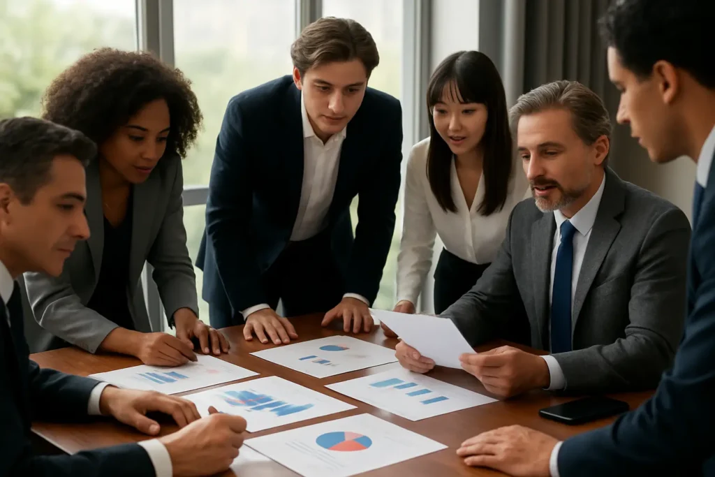 A group of business professionals reviewing financial charts and documents in a meeting room, actively discussing insights for a balance sheet analysis guide to support strategic decisions.
