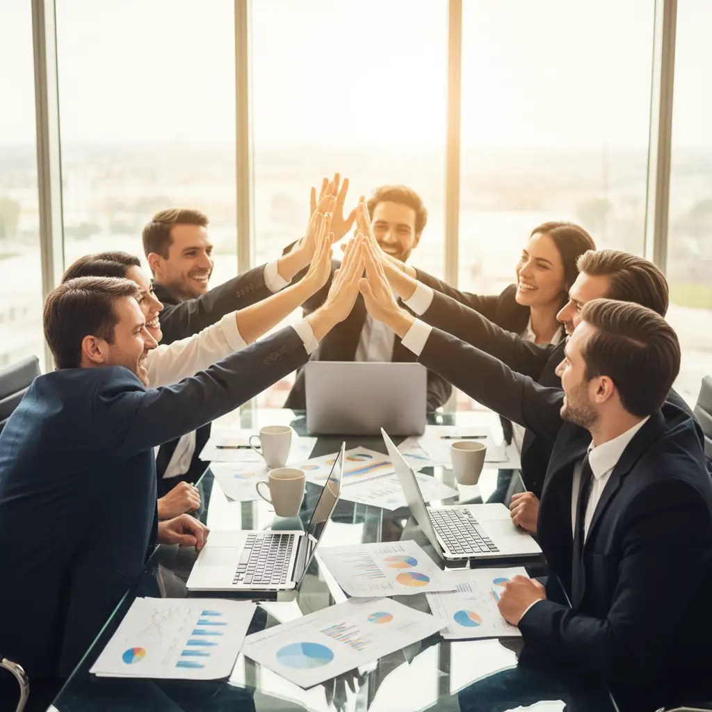 A group of business professionals celebrating a successful financial review with high-fives, showcasing teamwork and positive results from a balance sheet analysis guide in an office setting.