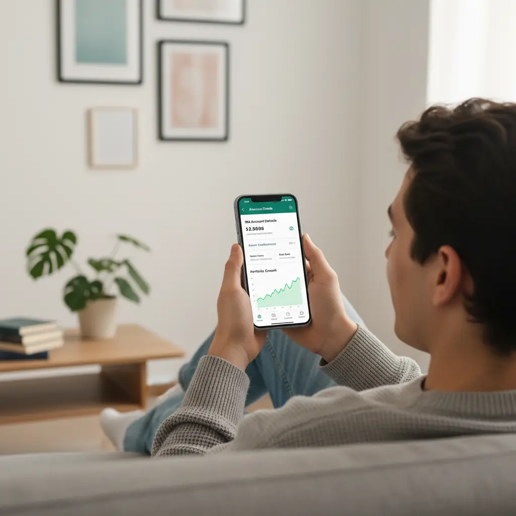 Young man relaxes on sofa while reviewing portfolio growth on smartphone, illustrating convenient access to different types of retirement accounts via modern financial apps.
