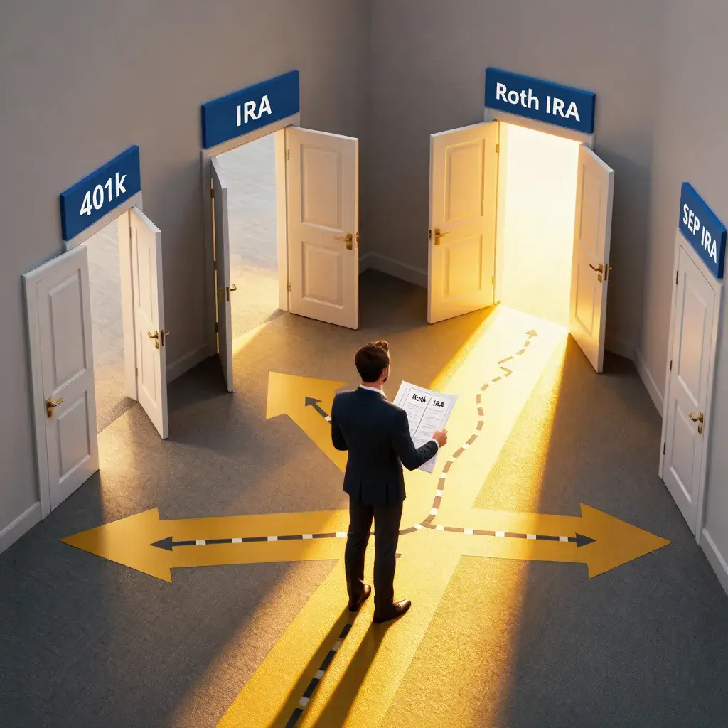 Investor stands before labeled doors representing types of retirement accounts—401k, IRA, Roth IRA, SEP IRA—contemplating options, symbolizing financial planning and future success.