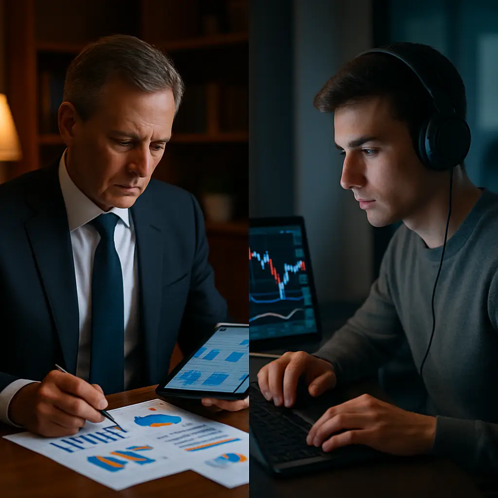 Side-by-side image of a mature businessman analyzing reports and a young trader monitoring charts, highlighting generational differences in trading style and technology.