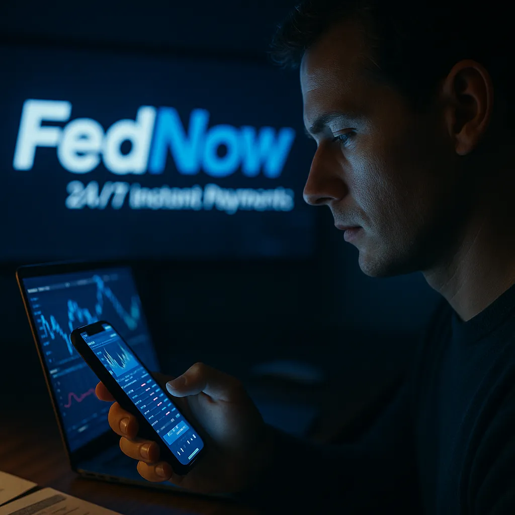Man using smartphone trading app with FedNow 24/7 Instant Payments displayed in background, symbolizing real-time financial access and modern digital market interaction.