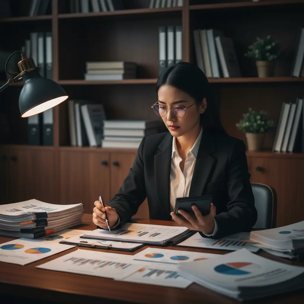A financial analyst in a dark office studies charts and graphs, comparing fundamental vs technical analysis methods using documents, a calculator, and detailed reports.