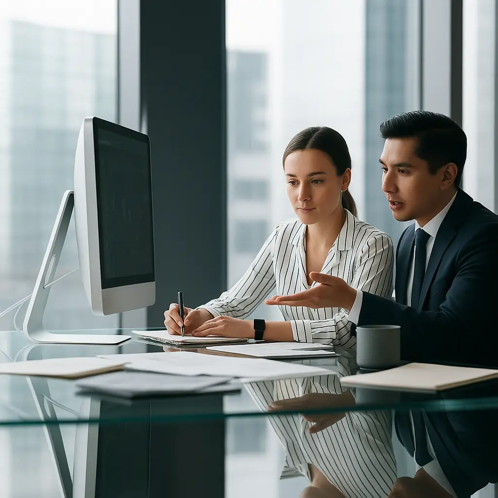 Two professionals discuss stock charts on a computer in a modern office, analyzing investment strategies with a focus on fundamental vs technical analysis for trading decisions.