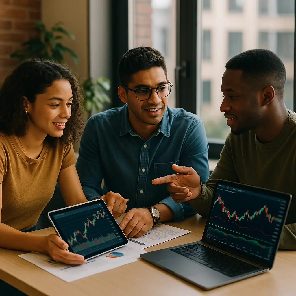 Three young investors discuss stock trends using a tablet and laptop, highlighting fundamental vs technical analysis approaches in a collaborative, naturally lit modern workspace.