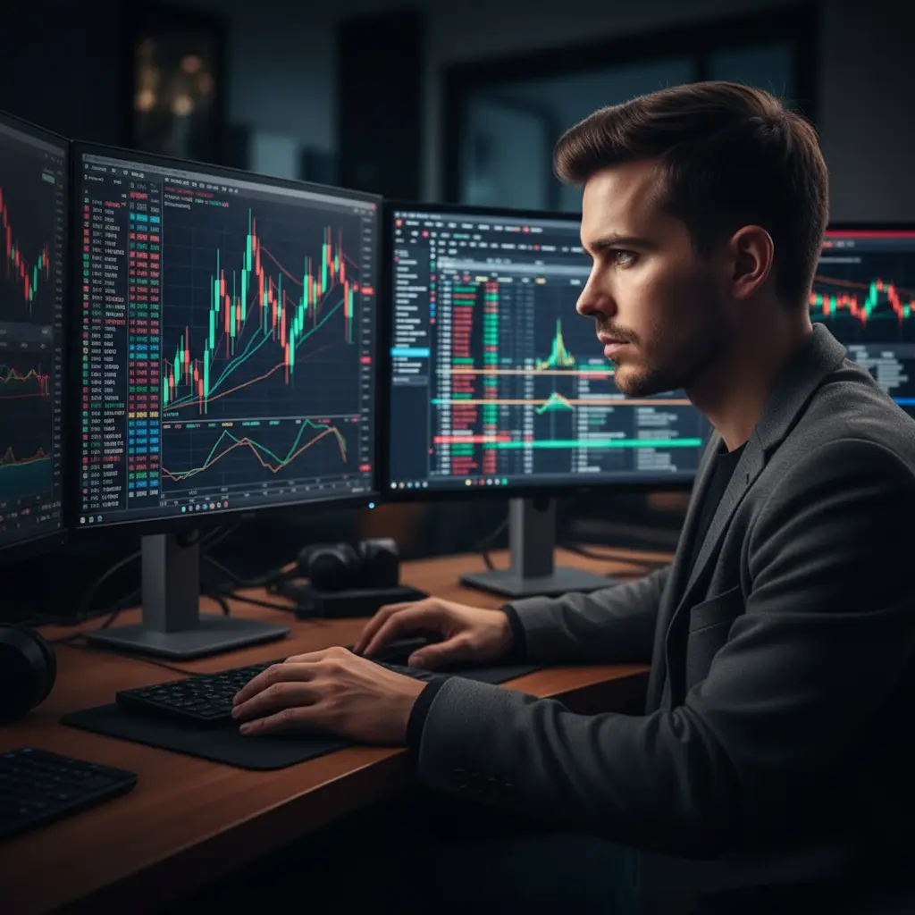 A focused trader monitors multiple charts and stock data on screens, evaluating trends and signals while comparing fundamental vs technical analysis for smart trading decisions.