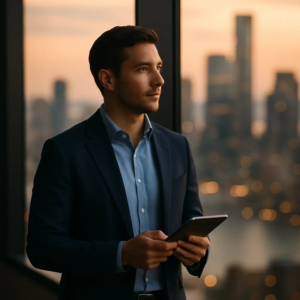 Confident investor gazes over city at golden hour holding a tablet, symbolizing contemplation between fundamental vs technical analysis in modern financial decision-making. 