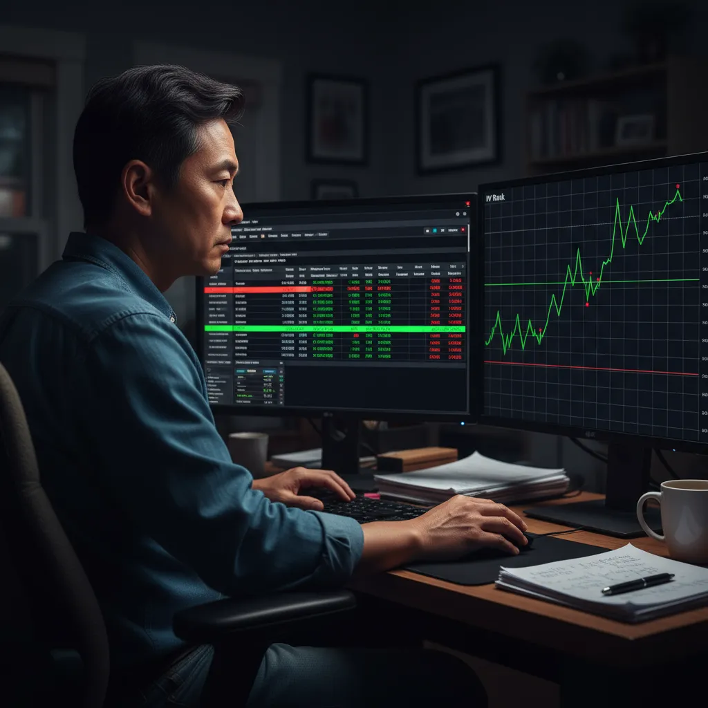 Focused trader reviewing options data and IV Rank chart on dual monitors in home office, emphasizing strategic insights tied to IV Rank vs IV.