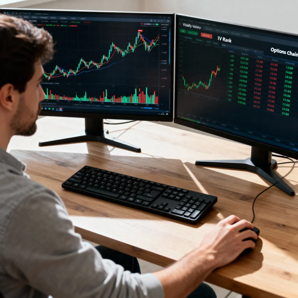 Trader analyzing dual monitors with price charts and IV Rank data—highlighting the technical evaluation of implied volatility using IV Rank vs IV.