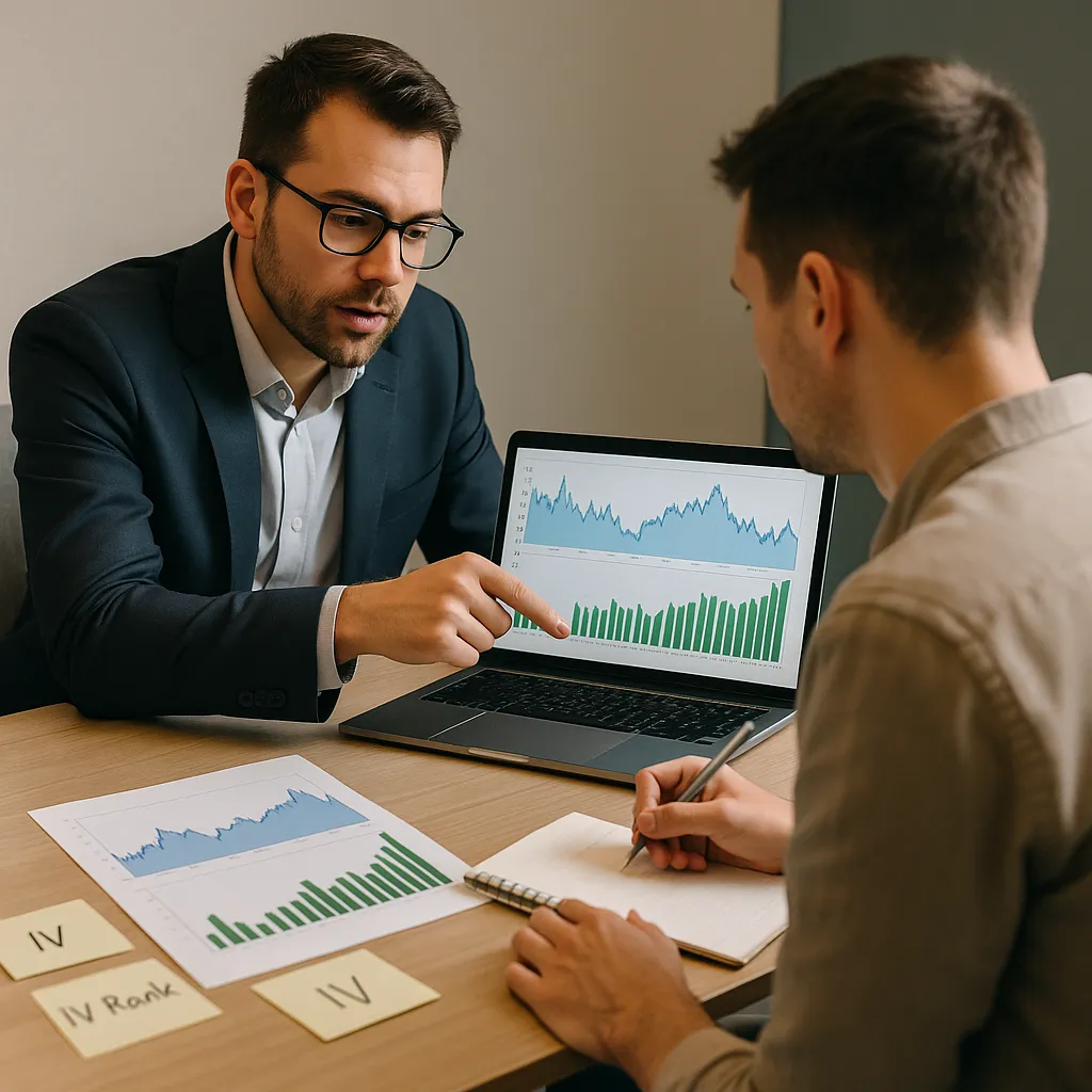 Two men in discussion analyzing charts labeled IV and IV Rank, using laptop and printed graphs to compare metrics—focused on IV Rank vs IV clarity.