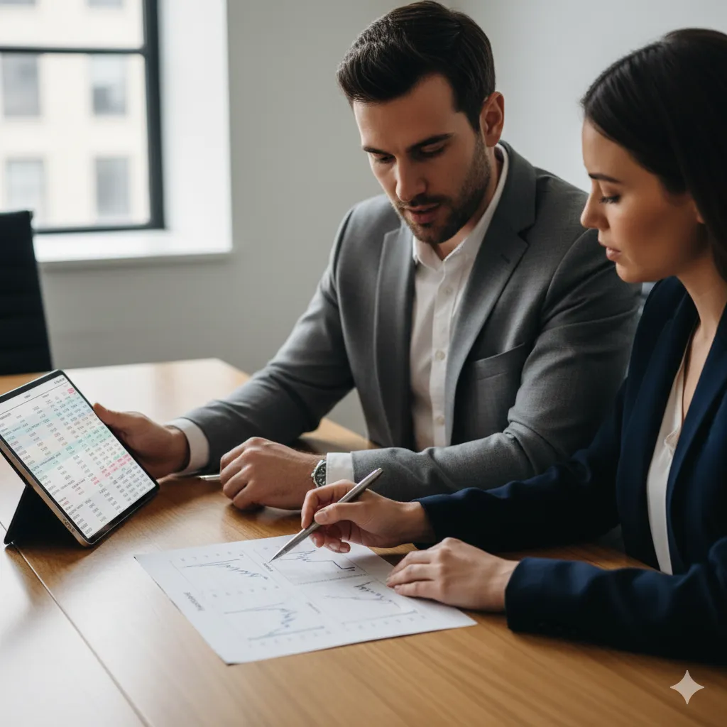 Two professionals discussing printed volatility charts and digital options data, visually conveying collaborative analysis of IV Rank vs IV for informed investment decisions.