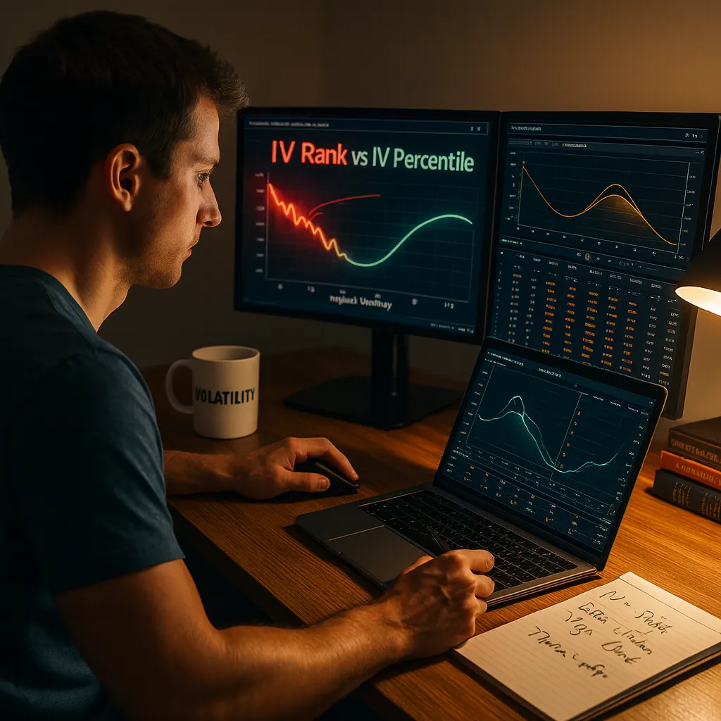 Trader analyzing graphs labeled IV Rank vs IV Percentile across monitors in dim lighting—emphasizing the difference and importance of IV Rank vs IV.