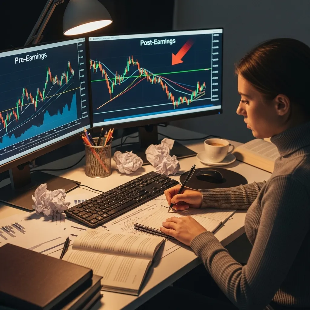 Woman analyzing post-earnings chart, highlighting steep decline. Example of IV Crush in options, demonstrating volatility drop and risk after earnings announcements for traders.