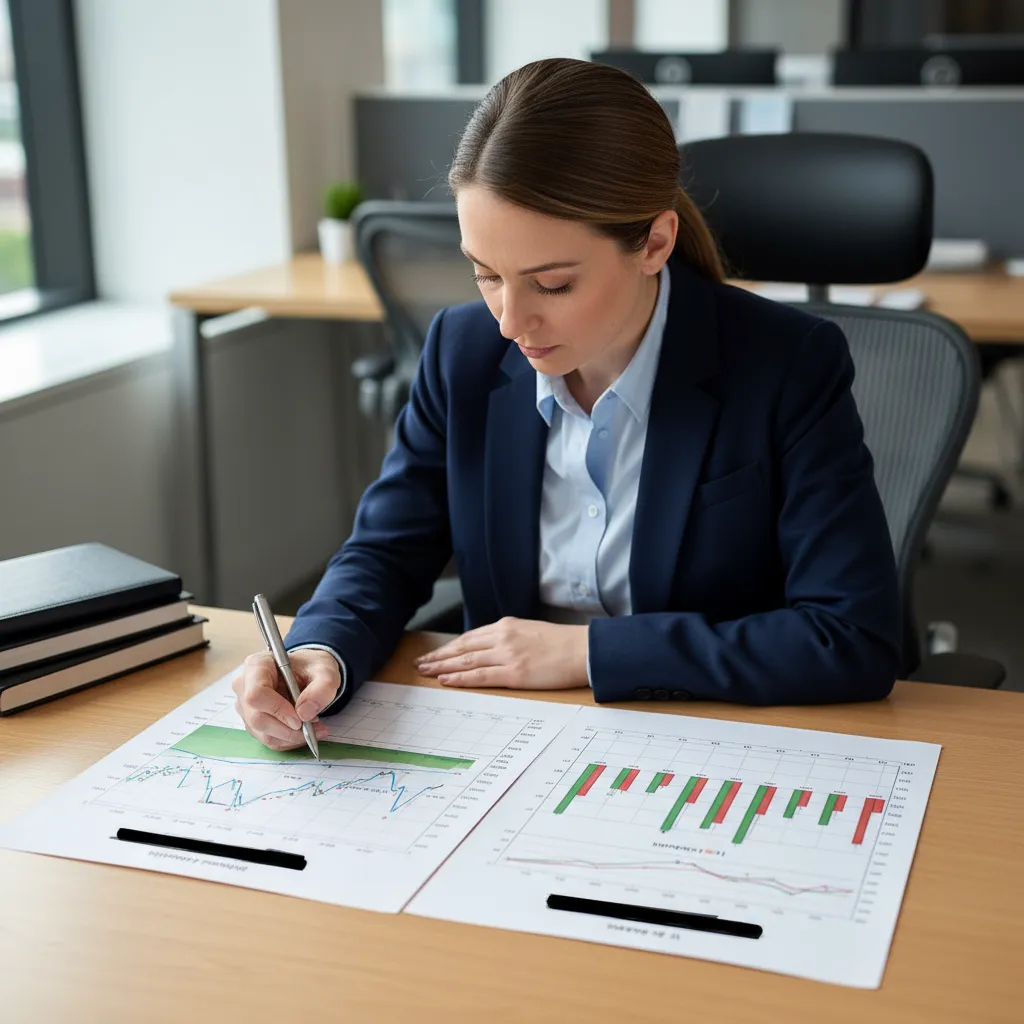 Professional analyzing printed charts with pen at office desk, highlighting financial insights related to IV Rank vs IV and data interpretation in investing.