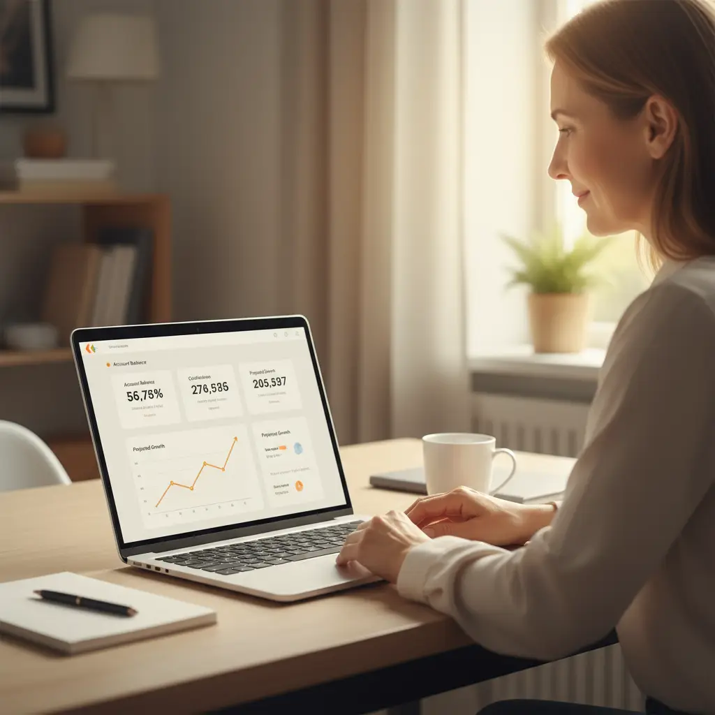 Woman reviews her retirement account dashboard on a laptop in a cozy home office, analyzing projections, contributions, and balance data in a relaxed, natural setting.