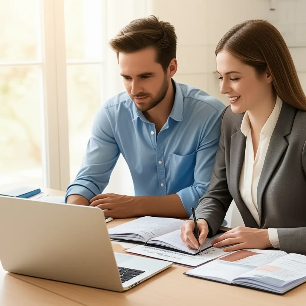 Smiling financial advisor and client review documents and laptop together, discussing types of retirement accounts in a bright, professional setting with notebooks and paperwork.