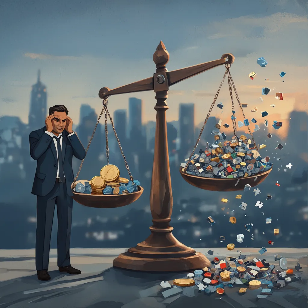A worried businessman stands by an unbalanced scale, illustrating the risk of over diversification with one side cluttered with assets and the other with stable investments.