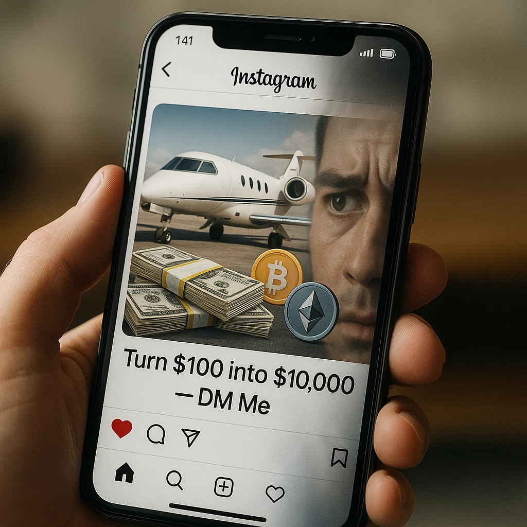 A smartphone displays an Instagram post promising to “Turn $100 into $10,000,” featuring cash, Bitcoin, and Ethereum icons—illustrating deceptive social media investment scams.